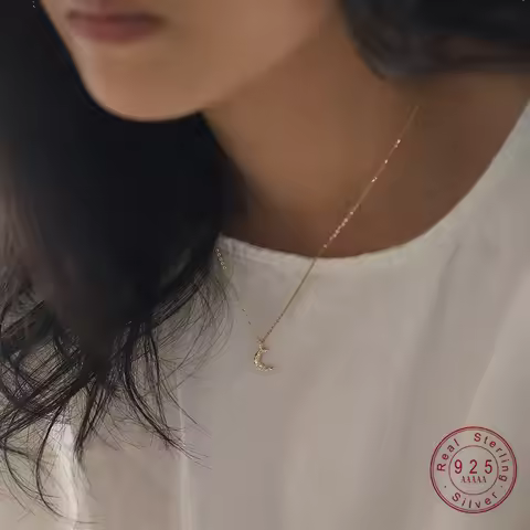 Real 925 Sterling Silver Necklace For Women Gold Moon Pendant Wedding Valentine's Day 925 Necklace J