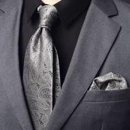 Men's Tie8cm Wide Formal Wedding Pocket Square Business Work Gray Paisley Suit Shirt Set
