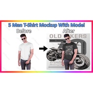 5 White T-Shirt Mockups PSD Template with Model Customizable Colour, Background and Shirt Design