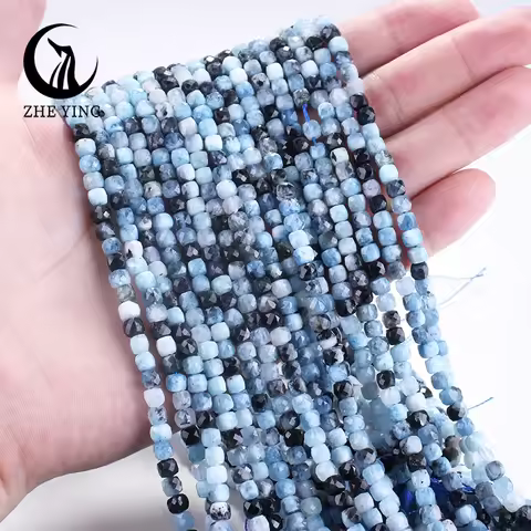 Zhe Ying 4x4mm Ghost Aquamarine Beads Natural Loose Cube Square Faceted Gemstone Beads for Diy Jewel