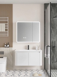 Bộ tủ lavabo nhựa kèm tủ gương size 60cm màu trắng led viền gương T1003-60