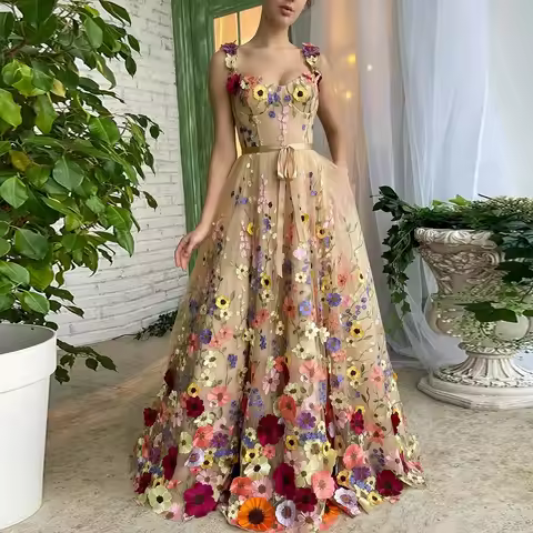 Floral Runway Prom Dresses 2025 A Line Champagne Sweet Women Formal Evening Gowns Spaghetti Straps V