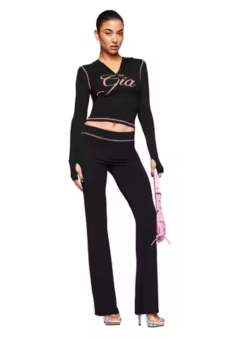 iamgia Y2K Two Piece Set Letter Print Zip Hoodie Crop Top Contrast Trim Flare Pants Women Slim Casua