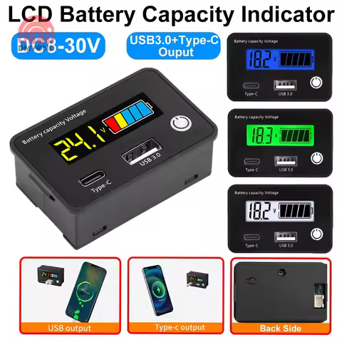 18W Battery Monitor DC8-30V Battery Capacity Indicator QC3.0 QC2.0 USB&Type-C Ternary/LiFePO4/Pb-Aci