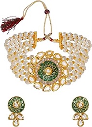 Crunchy Fashion Bollywood Indian Weddding Trendy Gold-Plated Indian Choker White Pearl &amp; Kundan Green Jewellery Set for women/girls