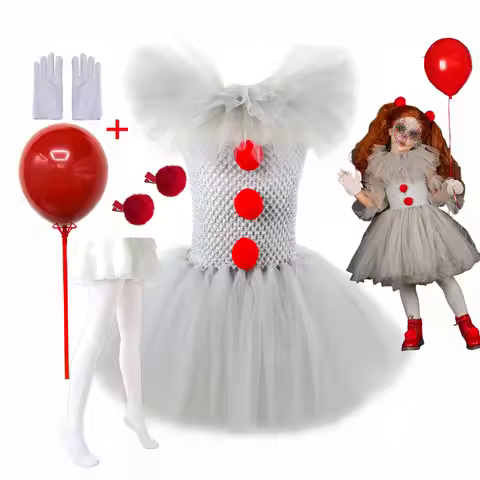 Pennywise Inspired Horrible Creature It Clown Tutu Dress Kids Joker Cosplay Costume with Hair Pin Gl