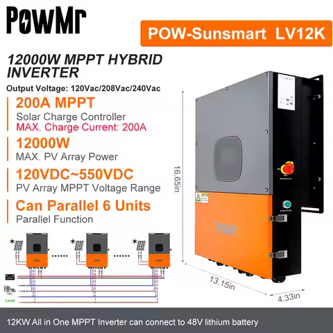 PowMr 12KW 48V Split Phase Solar Inverter 120Vac/208Vac/240Vac Output Build in MPPT 200A Controller&