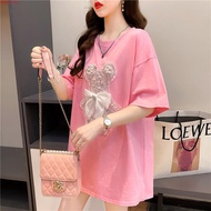 胖MM300斤大码女装闪闪蝴蝶结小熊T恤时尚短袖 上衣女韓版显瘦 大碼 女裝 上衣 顯瘦 大碼t shirt oversize t shirt woman Fat MM 150kg Plus Size