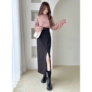 |GRL Japanese Single Classy Elastic Waist Back Zipper Front Slit Straight Skirt Three Standards Comp