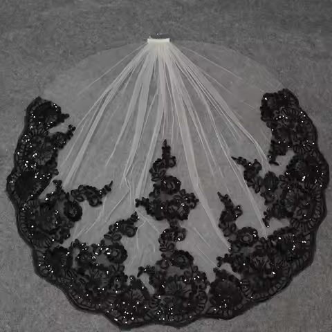 Short Black Wedding Veil with Sequins White Ivory Tulle Black Sequined Lace Bridal Veil One Tier Vei