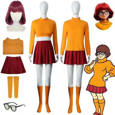 Halloween Velma Seragam Cosplay Kostum Orange Short Skirt Uniform Wanita Oranye Kaus Kaki Rok Atas H