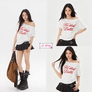 JJ shop​ Short-Sleeved T-Shirt With Polka Dot Print Shoulder-Baring Neckline Comfortable Fit Y2k Sty