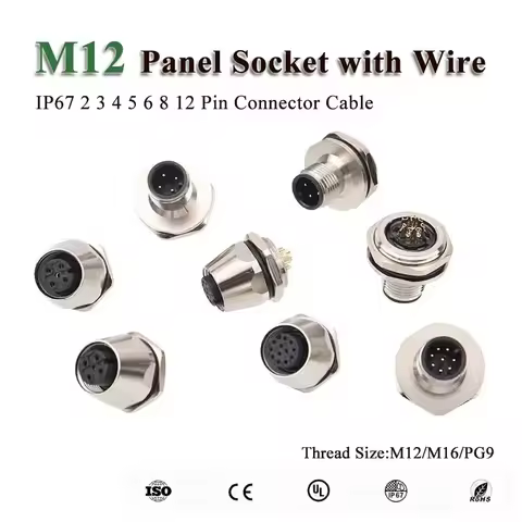 Waterproof M12 Panel Front/Rrear Scoket Line 2 3 4 5 6 8 12 Pin Connector Cable IP67 Thread M12/M16/