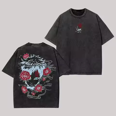 Gaara Floral T-shirt Naruto Manga Tee Vintage Washed 100% cotton Retro Anime Harajuku Streetwear Men