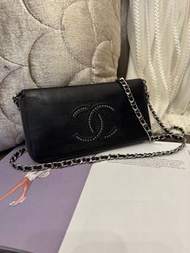 多年正版正貨商標門市現貨 可免息分期 chanel long wallet black woc wallet on chain  後加鏈 黑色 皮革 長銀包 中古 復古 斜咩 crossbody ba