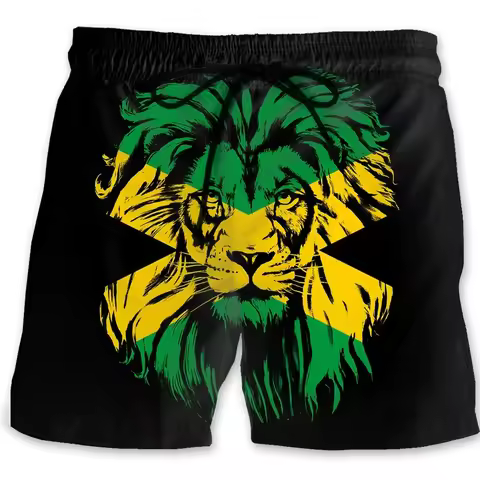 Jamaica Lion Emblem Graphic Beach Shorts Men 3D Print Jamaican Flag Swimsuit Homme Summer Hawaii Swi