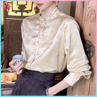 [Actual Photos] New Chinese Champagne-colored Stand Collar Frog Button Bamboo Leaf Print Mulberry Silk Women's Long Sleeve Shirt