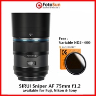 SIRUI Sniper AF 75mm f1.2 bokeh portrait lens for Fuji, Sony and Nikon APS camera