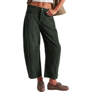 Women Corduroy Pants Elastic Waist Mid-rise Button Zipper Fly Wide Leg Casual Trousers with Pockets 