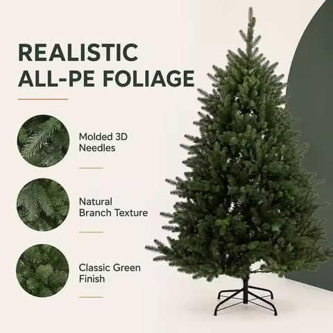 Full PE Artificial Christmas Tree 4-8FT Green Xmas Tree with Metal Stand, Tree Only or USB LED Light