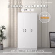 [170CM Height] 3 Door Wardrobe White Almari Baju 3 pintu Almari Pakaian Kabinet Baju Solid Wood Storage 6021