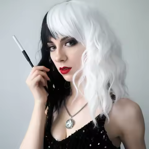 Black and White Wig for Cruella Deville Costume Short Curly Wavy Women's Wig For Halloween Cosplay P