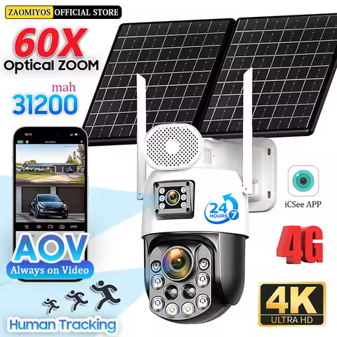 10MP Outdoor Surveillance Solar Cameras 60X Optical 4G Sim Wireless Home Security PTZ Auto Tracking