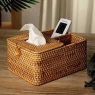 Rattan Tissue Box Dining Table Room Storage Rattan Storage Basket with Lid Woven Remote Control Stor