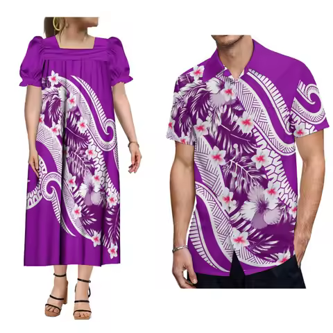 Custom Polynesian Design Micronesian Mumu Square Collar Puffed Dress And Men'S Shirt Aloha Couple Cl