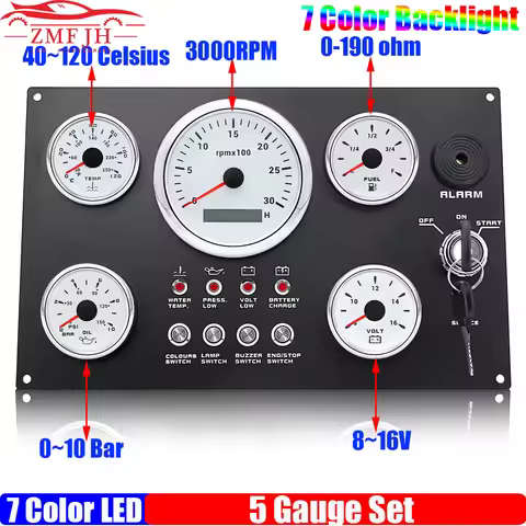 Engine Dash Instrument Panel 5 Gauge Set 7Color LED 85mm Tachometer 52mm Fuel Level Oil Press Water