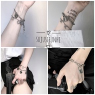 3 models of unisex bracelets shaped like crosses, locks, and plain chains