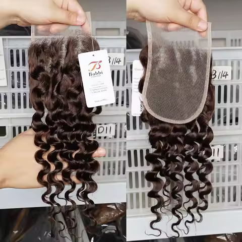 100% Human Hair Brown 4x4 Lace Closure Frontal Deep Wave Curly Transparent Lace Pre-plucked Natural 