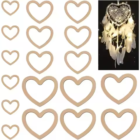 18Pcs 3 Size Wood Macrame Hoops Wooden Dream Catcher Rings Heart Shape Dream Catcher Frames Wooden F