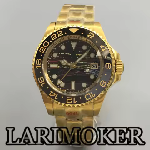 LARIMOKER 43mm NH34 Men's Mechanical Gold Watch Glowing Sapphire Glass Meteorite Texture Dial Cerami