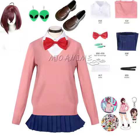 in stock Momo Ayase Cosplay Costume Wig Anime Dandadan School JK Uniform Earrings Pink Sweater Skirt