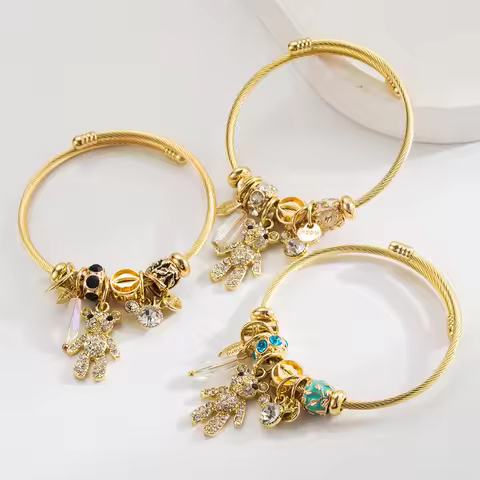 Gold Stainless Steel Pandora Bracelet With Personalized Bear Letter Pendant And Adjustable Opening F