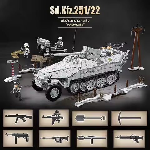 Military World War 2 Sd.Kfz.251/22 Ausf.D PAKWAGEN Building Blocks MOC WW2 Half Track Anti Tank Armo