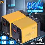 3 IN 1 80W Retractable Phone Charger - Scalable Cable PD USB-C US/UK/EU Charging Head - Fast Charger