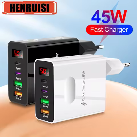 45W USB PD Charger 4Ports Fast Charging Digital Display Mobile Phone Power Adapter For iPhone Xiaomi