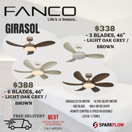 Fanco Girasol Designer ceiling fan with light, 3 blades, 6 blades 46 inch dc motor with 3 tone led light and remote control and installation ,light oak grey, brown, cheapest ceiling fan with long warranty installation delivery singapore