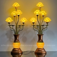 Lamp of 5 Lapis lazuli lotus flowers in hand shape offering to Buddha, large base - 72cm and 83cm hi