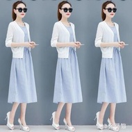 中大尺碼兩件式洋裝 夏季新款韓版棉麻套裝中長款條紋連身裙 DR25957