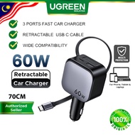 UGREEN 60W Car Charger with Retractable Cable 3 Port PD 3.0 USB Type C Fast Charging iPhone 16 17 Pr