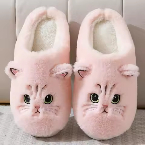 New Winter Women Lovely Cat Plush Slippers Warm Shoes Slides Cute Cartoon Cat Fuzzy Slippers Men Sof