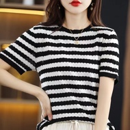 Chubby Meiyi Short-Sleeved Top Knitwear Striped Stretch Round Neck Knitted T-Shirt Shirt Women Summe