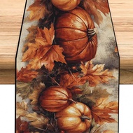 Autumn Harvest Pumpkin And Maple Leaf Table Runner - 100% Line Woven Table Decoration For Dining, Co