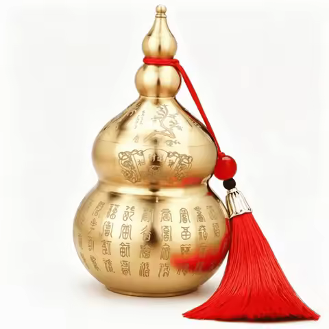 Mini Size Feng Shui Gourd Ornament Chinese-Style with Tassel Pendant Brass Feng Shui Gourd Open-Top 