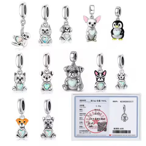 Pan Charms 925 Sterling Silver Opal Stone Pomeranian Terrier Dog Fit Original Bracelet Necklace For 