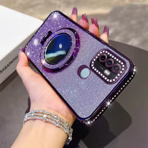 Women Girl's Diamond Make Up Mirror Phone Case For OPPO A32 A35 A38 A53 2020 A54 A57 A60 A74 Holder 