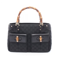 【二手】Gucci GUCCI 竹節 GG 帆布手提包 137381 黑色帆布皮革竹節手提包 女士二手 B